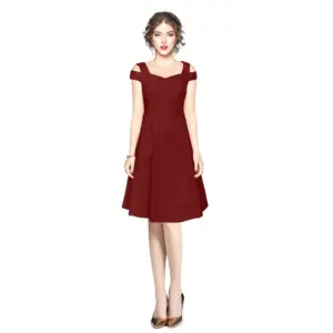 Generic Women's Polyester Solid V Neck Cap Sleeve off Shoulder Dress (Maroon)