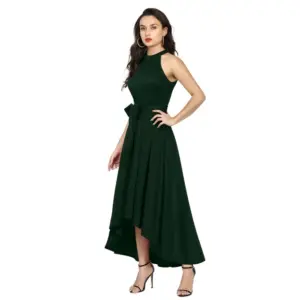 Generic Women's Polyster Solid Halter Neck Sleeveless Dress (Green)