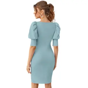 Generic Women's Knitting stretchable Solid Square Neck 3-4 Puff Sleeve Dress (Pista)