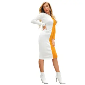 Generic Women's Knitting stretchable Solid Round Neck Full Sleeve Dress (Yellow)