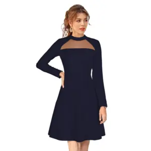 Generic Women's Knitting stretchable Solid Round Neck Full Sleeve Dress (Blue)