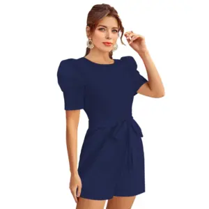 Generic Women's Knitting stretchable Solid Round Neck 3-4 Puff Sleeve Dress (Blue)