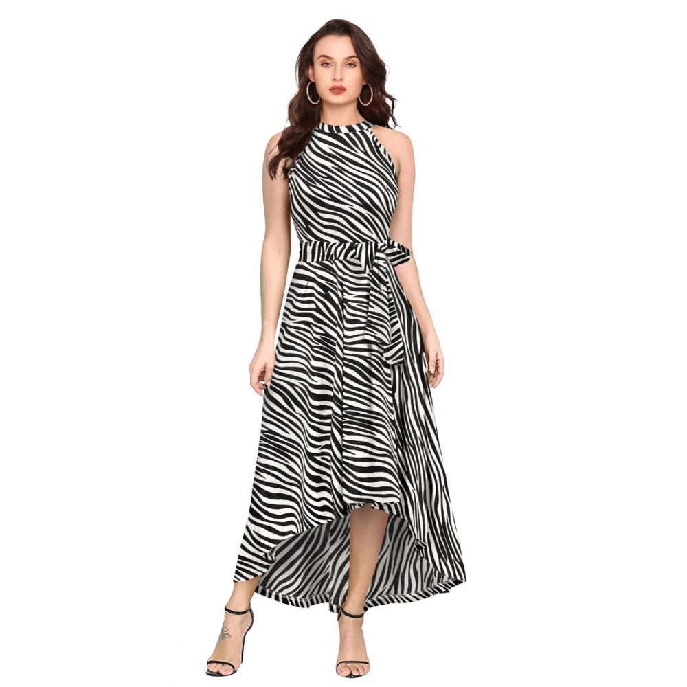 Generic Women's Polyester Zebra Pattern Halter Neck Sleeveless Dress (White)