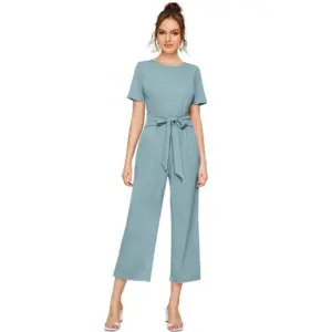 Generic Women's Knitting stretchable Solid Round Neck Cap Sleeve Jumpsuit (Pista )