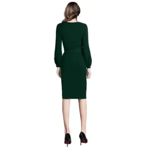 Generic Women's Knitting stretchable Solid Round Neck Full Sleeve Dress (Green)