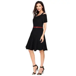 Generic Women's Polyester Solid V Neck Cap Sleeve Dress (Black)