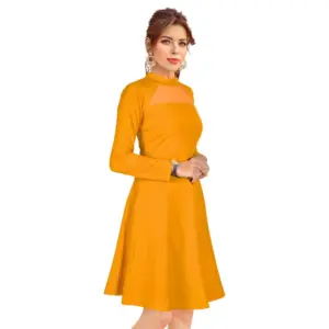 Generic Women's Knitting stretchable Solid Round Neck Full Sleeve Dress (Yellow)