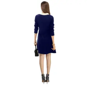 Generic Women's Polyester Solid Collar 3-4th Dress (Blue)