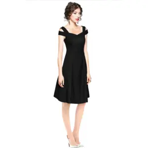Generic Women's Polyester Solid V Neck Cap Sleeve off Shoulder Dress (Black)