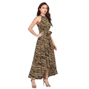 Generic Women's Polyester Zebra Pattern Halter Neck Sleeveless Dress (Yellow)