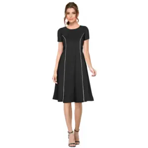 Generic Women's Knitting stretchable Solid Round Neck Cap Sleeve Dress (Black)