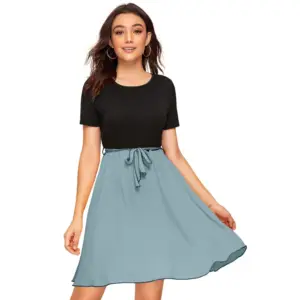 Generic Women's Knitting stretchable Solid Round Neck Cap Sleeve Dress (Pista)