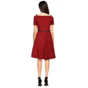 Generic Women's Polyester Solid V Neck Cap Sleeve Dress (Maroon)