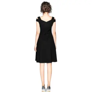 Generic Women's Polyester Solid V Neck Cap Sleeve off Shoulder Dress (Black)