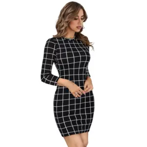 Generic Women's Polyester Solid High Neck Full Sleeve Dress (Black)