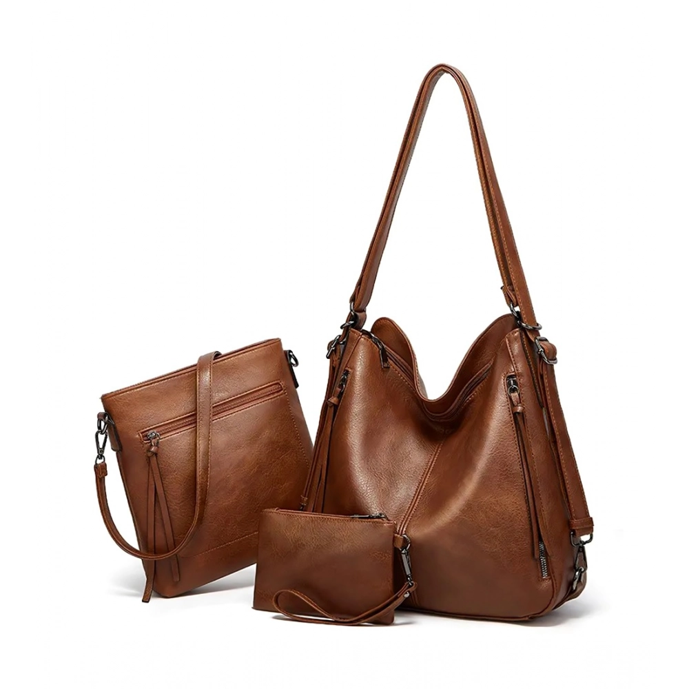 Women's PU Leather Medium Shoulder Zipper Handbag (Brown)