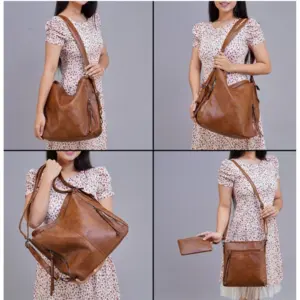 Women's PU Leather Medium Shoulder Zipper Handbag (Brown)