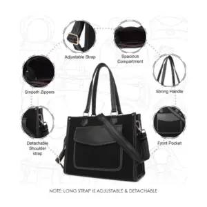Women's Canvas Medium Top handle Satchel Zipper Handbag (Black)