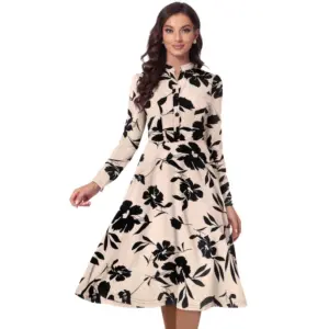 Generic Women's Knitting Printed V-Neck Full Sleeve Dress (Cream)