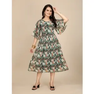 Generic Women's Georgette Printed Round Neck Short Sleeve Dress (Black)