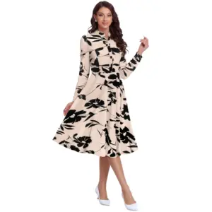 Generic Women's Knitting Printed V-Neck Full Sleeve Dress (Cream)