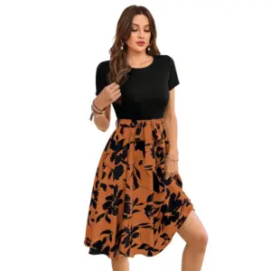 Generic Women's Knitting Printed Round Neck Short Sleeve Dress (Orange)