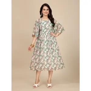 Generic Women's Georgette Printed Round Neck Short Sleeve Dress (Pink)