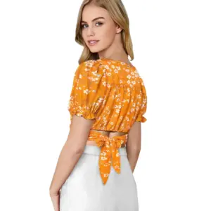 Generic Women's Knitting Printed V-Neck Puff Sleeve Tops (Yellow)