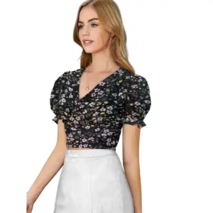 Generic Women's Knitting Printed V-Neck Puff Sleeve Tops (Black)