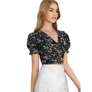 Generic Women's Knitting Printed V-Neck Puff Sleeve Tops (Black)