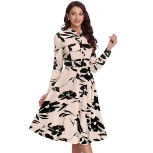 Generic Women's Knitting Printed V-Neck Full Sleeve Dress (Cream)