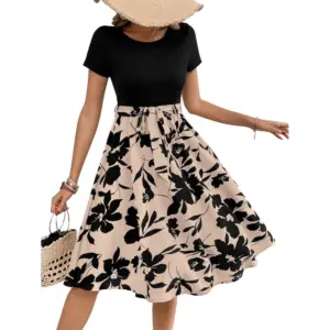 Generic Women's Knitting Printed Round Neck Short Sleeve Dress (Cream)