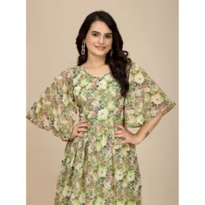Generic Women's Georgette Printed Round Neck Short Sleeve Dress (Green)