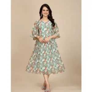 Generic Women's Georgette Printed Round Neck Short Sleeve Dress (Multicolor)