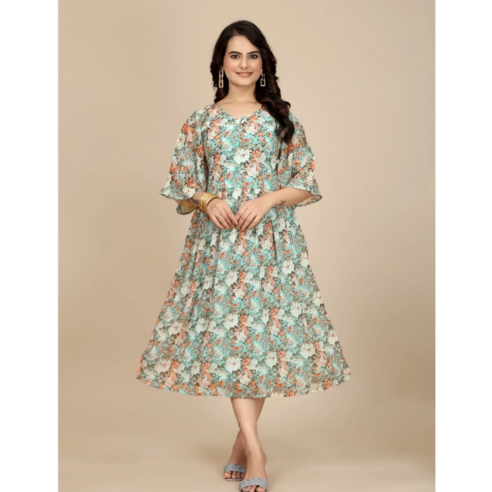 Generic Women's Georgette Printed Round Neck Short Sleeve Dress (Multicolor)
