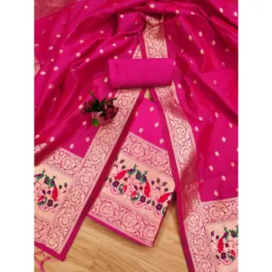 Generic Women's Banarasi Silk Printed Unstitched Salwar Suit Material With Dupatta (Pink, 3Mtrs)