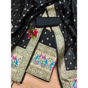 Generic Women's Banarasi Silk Printed Unstitched Salwar Suit Material With Dupatta (Black, 3Mtrs)