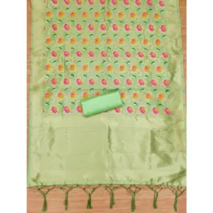 Generic Women's Banarasi Silk Printed Unstitched Salwar Suit Material With Dupatta (Pista, 3Mtrs)
