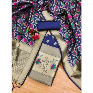 Generic Women's Banarasi Silk Printed Unstitched Salwar Suit Material With Dupatta (Navy Blue, 3Mtrs)