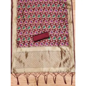 Generic Women's Banarasi Silk Printed Unstitched Salwar Suit Material With Dupatta (Maroon, 3Mtrs)