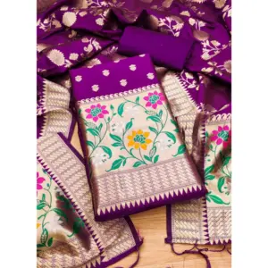 Generic Women's Banarasi Silk Printed Unstitched Salwar Suit Material With Dupatta (Purple, 3Mtrs)