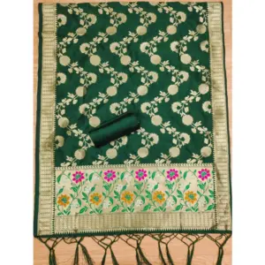 Generic Women's Banarasi Silk Printed Unstitched Salwar Suit Material With Dupatta (Green, 3Mtrs)