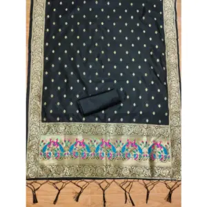 Generic Women's Banarasi Silk Printed Unstitched Salwar Suit Material With Dupatta (Black, 3Mtrs)