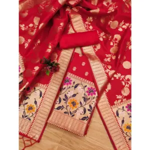 Generic Women's Banarasi Silk Printed Unstitched Salwar Suit Material With Dupatta (Red, 3Mtrs)