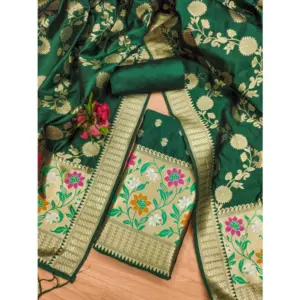 Generic Women's Banarasi Silk Printed Unstitched Salwar Suit Material With Dupatta (Green, 3Mtrs)