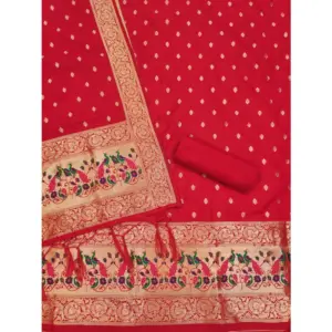 Generic Women's Banarasi Silk Printed Unstitched Salwar Suit Material With Dupatta (Red, 3Mtrs)