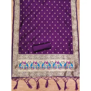Generic Women's Banarasi Silk Printed Unstitched Salwar Suit Material With Dupatta (Purple, 3Mtrs)