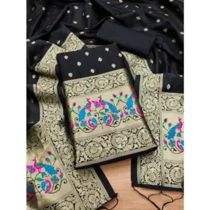 Generic Women's Banarasi Silk Printed Unstitched Salwar Suit Material With Dupatta (Black, 3Mtrs)