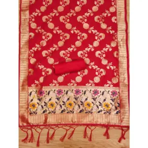 Generic Women's Banarasi Silk Printed Unstitched Salwar Suit Material With Dupatta (Red, 3Mtrs)