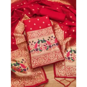 Generic Women's Banarasi Silk Printed Unstitched Salwar Suit Material With Dupatta (Red, 3Mtrs)